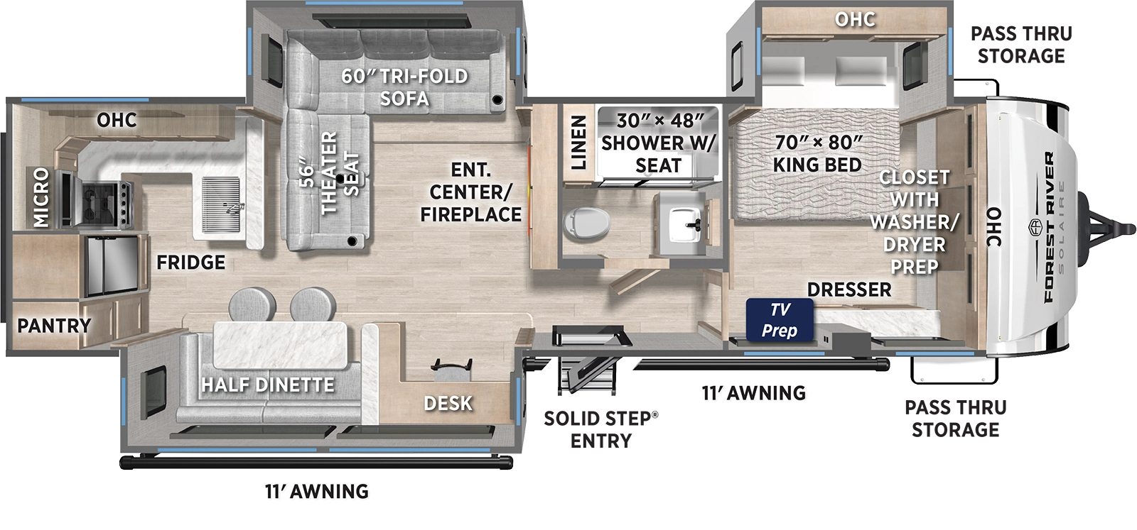 The SolAire Ultra Lite 3070RKLS floorplan has one entry and three slide outs. Exterior features include: fiberglass exterior and 11' & 11' awning. Interiors features include: rear kitchen and front bedroom.